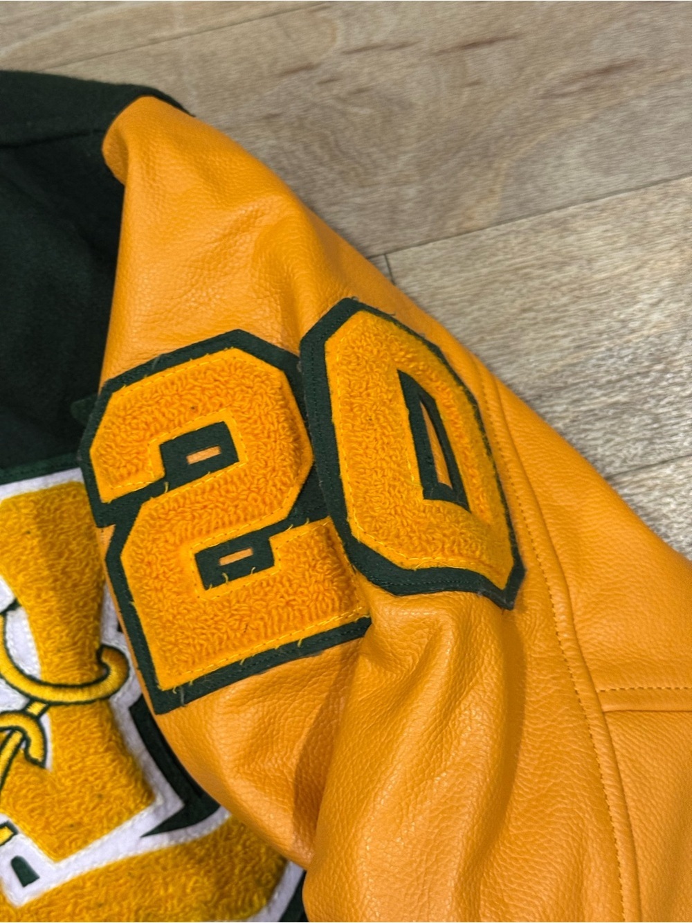 Letterman Jacket Green and Yellow With Leather Sleeves Size Small - Picture 4 of 6